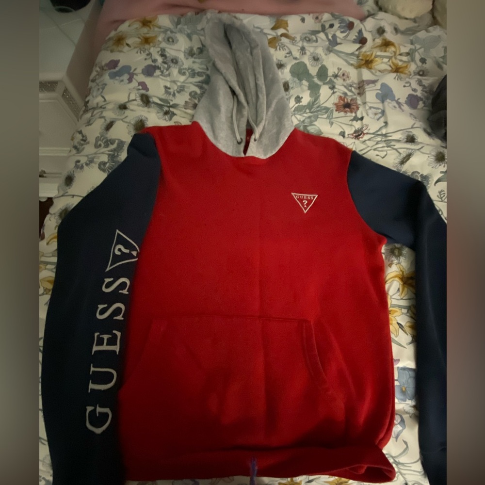 Guess Sweatshirt Size Small Red Blue and Gray with embroidered sleeve